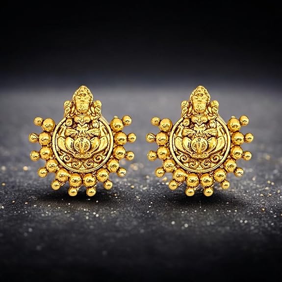 Jewelopia Gold Plated 1 gram Stud Earring Lakshmi God Temple Earring Jewellery For Women & Girls