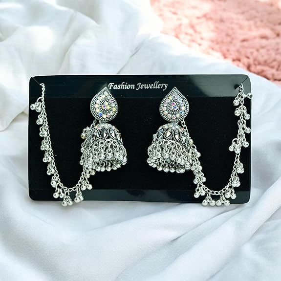 Jewelopia Oxidised Chandlier with Silver Pearl Earrings For Women and Girls