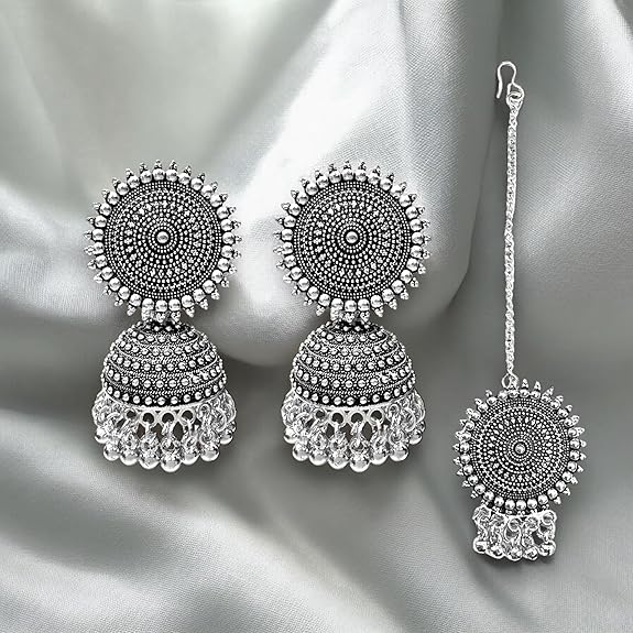 Jewelopia Oxidised Chandlier with Silver Pearl Earrings For Women and Girls