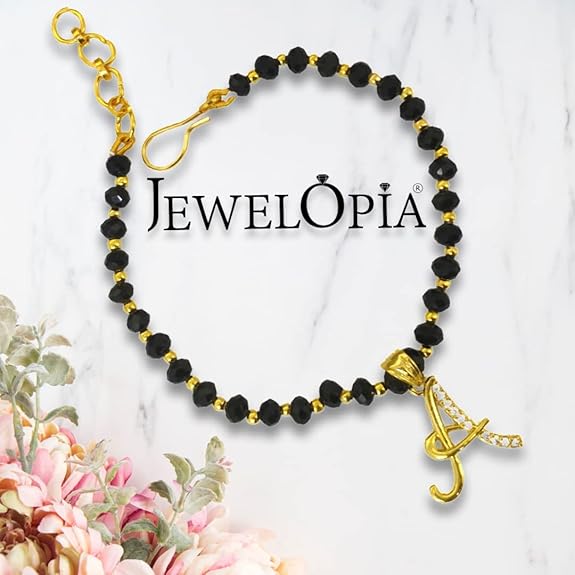 JEWELOPIA American diamond Alphabet gold plated CZ Studded Bracelet with Black beads for Women and Girls