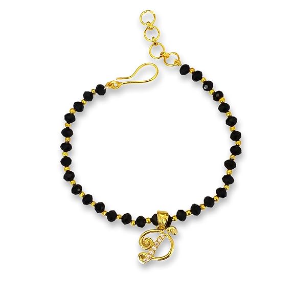 JEWELOPIA American diamond Alphabet gold plated CZ Studded Bracelet with Black beads for Women and Girls