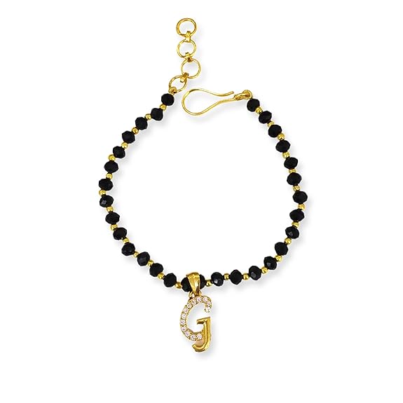 JEWELOPIA American diamond Alphabet gold plated CZ Studded Bracelet with Black beads for Women and Girls