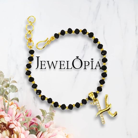 JEWELOPIA American diamond Alphabet gold plated CZ Studded Bracelet with Black beads for Women and Girls