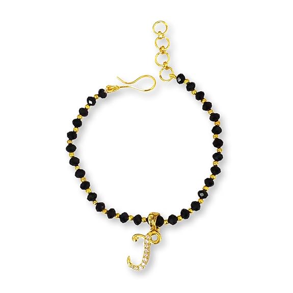 JEWELOPIA American diamond Alphabet gold plated CZ Studded Bracelet with Black beads for Women and Girls