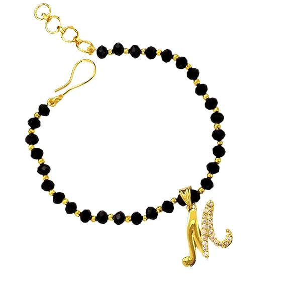 JEWELOPIA American diamond Alphabet gold plated CZ Studded Bracelet with Black beads for Women and Girls