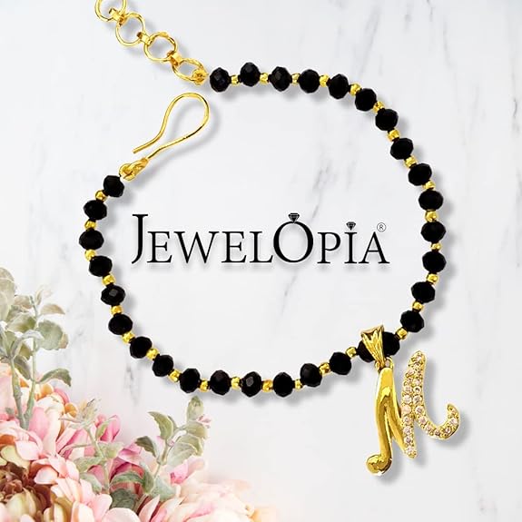 JEWELOPIA American diamond Alphabet gold plated CZ Studded Bracelet with Black beads for Women and Girls