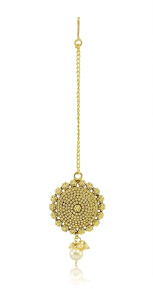 Jewelopia Gold Plated Kundan Maang Tikka with  Pearl Drop Forehead Jewellery Tikka For Women and girls