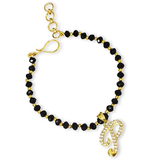 JEWELOPIA American diamond Alphabet gold plated CZ Studded Bracelet with Black beads for Women and Girls