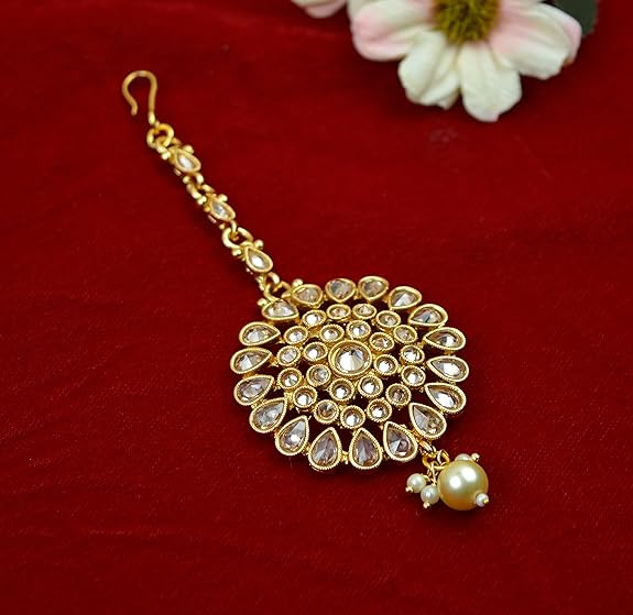 Jewelopia Gold Plated Kundan Maang Tikka with  Pearl Drop Forehead Jewellery Tikka For Women and girls