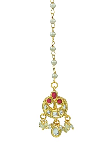 Jewelopia Gold Plated Kundan Maang Tikka with  Pearl Drop Forehead Jewellery Tikka For Women and girls