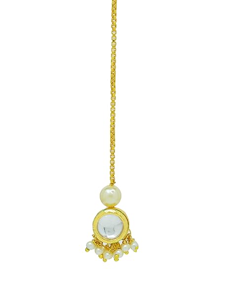 Jewelopia Gold Plated Kundan Maang Tikka with  Pearl Drop Forehead Jewellery Tikka For Women and girls