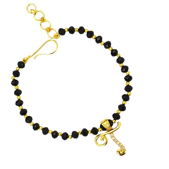 JEWELOPIA American diamond Alphabet gold plated CZ Studded Bracelet with Black beads for Women and Girls