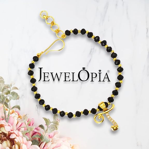 JEWELOPIA American diamond Alphabet gold plated CZ Studded Bracelet with Black beads for Women and Girls