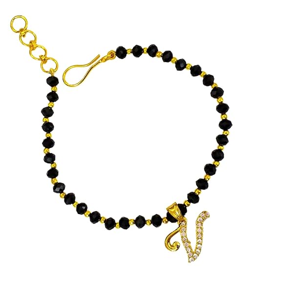 JEWELOPIA American diamond Alphabet gold plated CZ Studded Bracelet with Black beads for Women and Girls