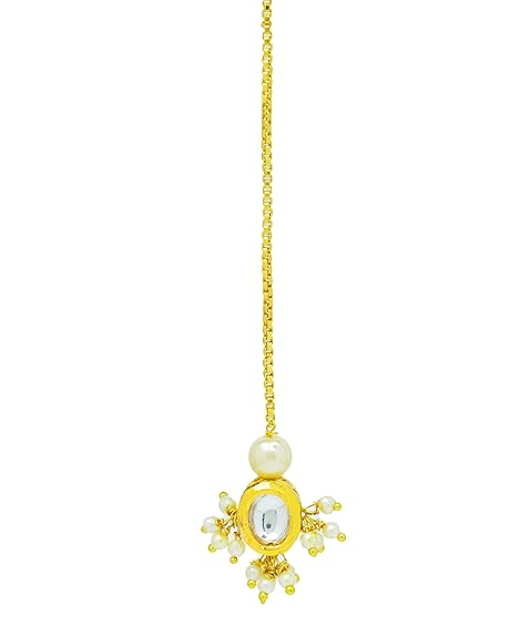 Jewelopia Gold Plated Kundan Maang Tikka with  Pearl Drop Forehead Jewellery Tikka For Women and girls