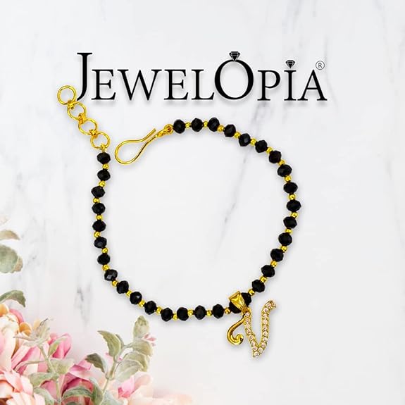 JEWELOPIA American diamond Alphabet gold plated CZ Studded Bracelet with Black beads for Women and Girls