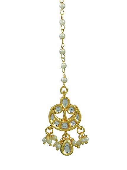 Jewelopia Gold Plated Kundan Maang Tikka with  Pearl Drop Forehead Jewellery Tikka For Women and girls