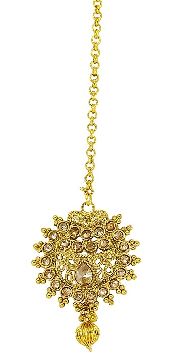 Jewelopia Gold Plated Kundan Maang Tikka with  Pearl Drop Forehead Jewellery Tikka For Women and girls