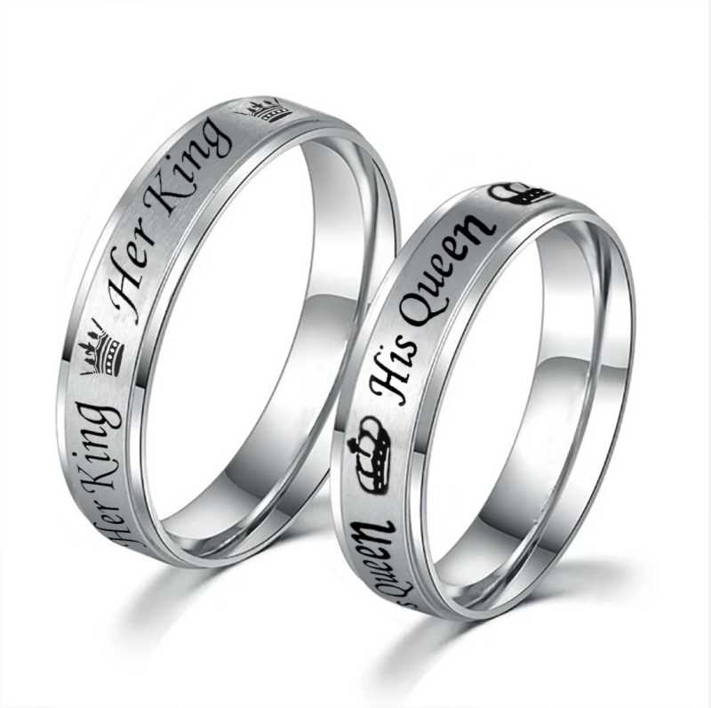 King and Queen Rings, 2 Piece Couple Rings Black Tungsten Bands with K