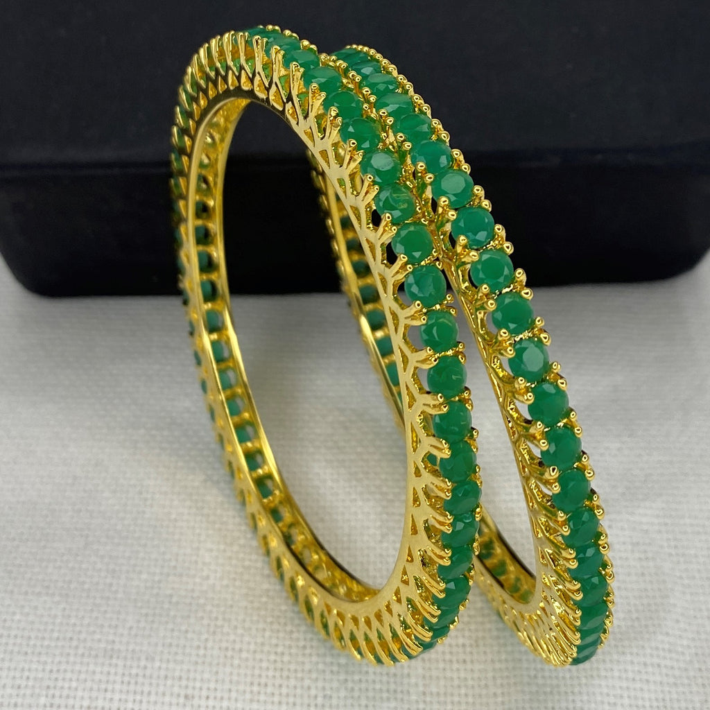 Jewelopia Elegant CZ Emerald Stone Studded American Diamond Bangles 18k Gold Plated 2 PCs Handcrafted Round Solitaire AD Bangles Set for Women & Girls