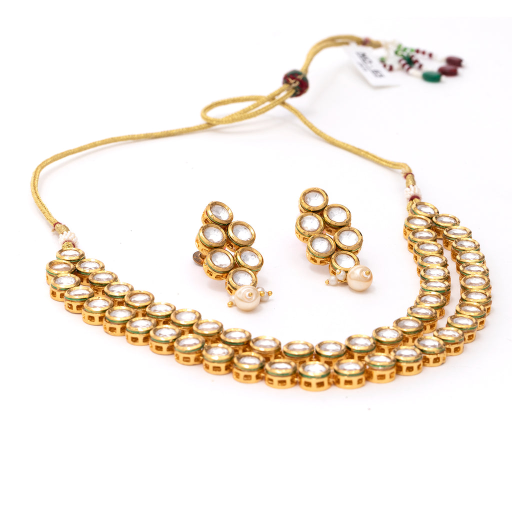 JEWELOPIA Traditional Kundan Gold Plated Round Shape Double layered Necklace Set with Earrings for Women & Girls