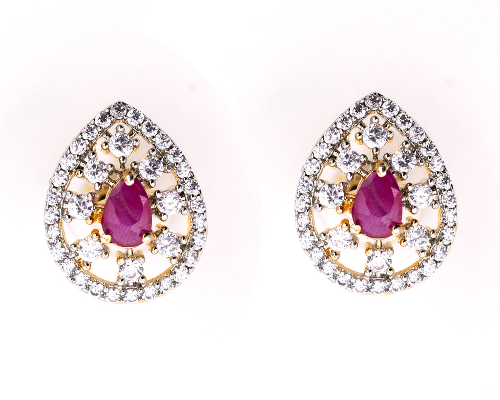 JEWELOPIA American Diamond Pear Shape Ruby Spark CZ Studded Earrings For Women & Girls