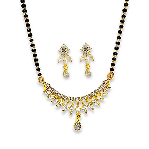 JEWELOPIA American Diamond CZ With Black Bead Chain Mangalsutra Pendent Set For Women & Girls