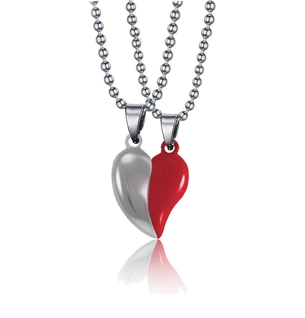 JEWELOPIA Heart Shape Magnetic Couple Pendant with Metal Beads for Couples