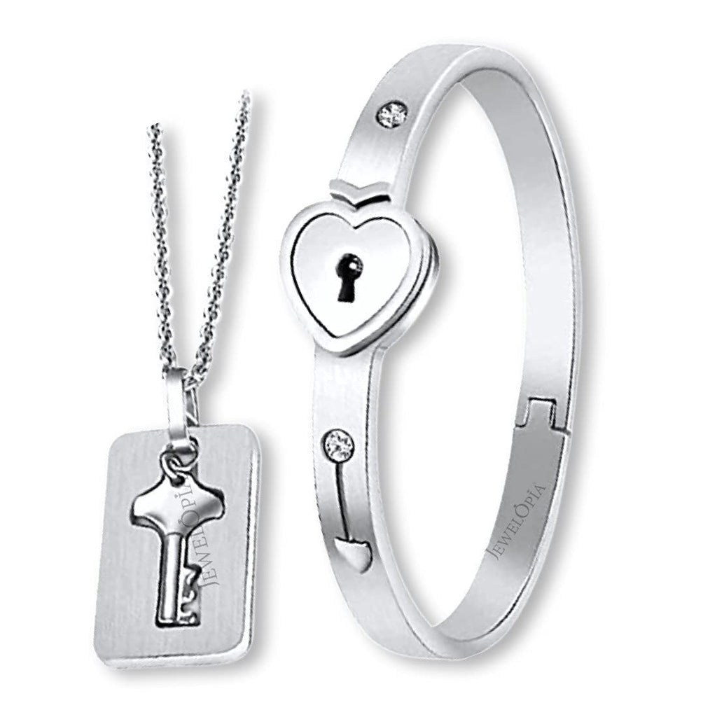 Silver Heart Lock And Key Stainless Steel Couple Bracelet  Necklace Set  Size Free Size