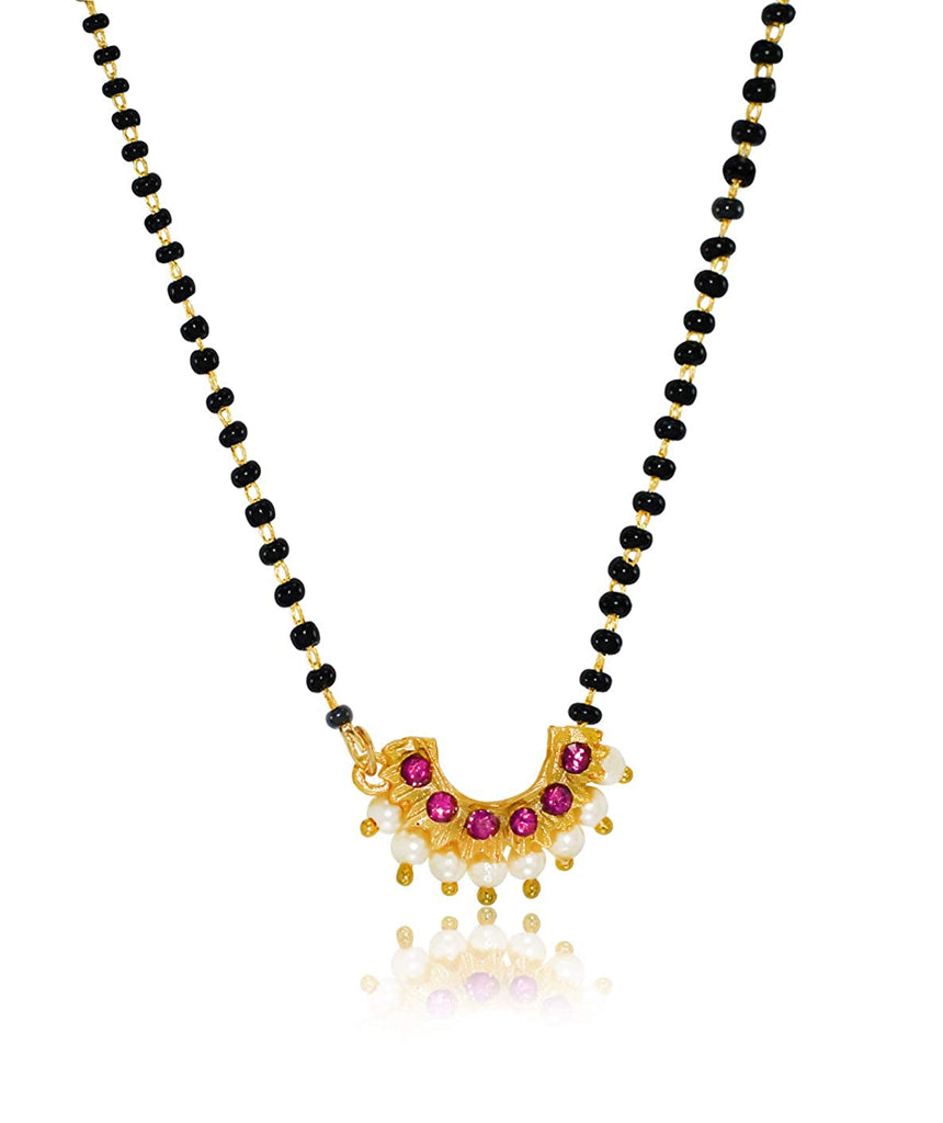 JEWELOPIA Gold Plated Ruby Studded With White Pearl Kundan Mangalsutra Chain Black Bead for Women