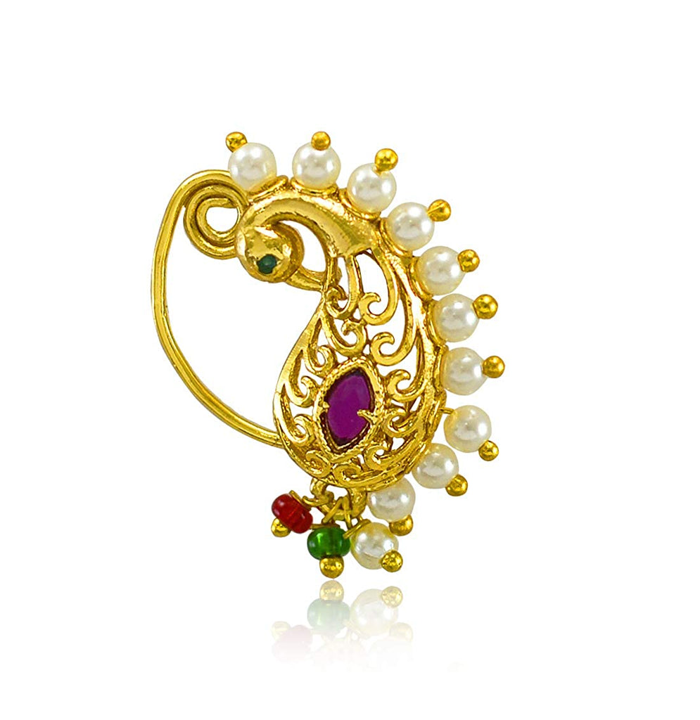 Buy MEENAZ Maharashtrian Traditional Pearl Temple Jewellery marathi Nose  pin Nath Nose Ring for Wedding Women Girls Combo Gold Non pierced (2 pcs) - NATH COMBO-132 at Amazon.in