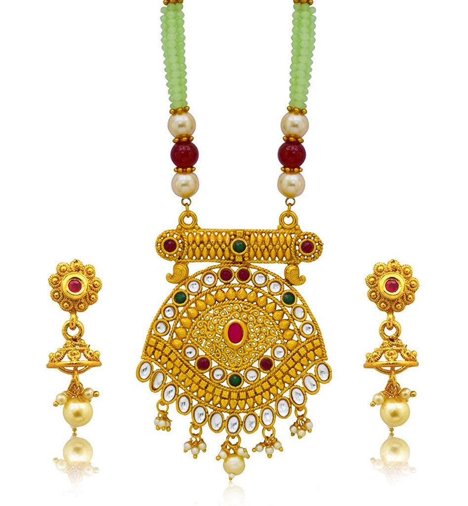 JEWELOPIA Traditional Ruby Emerald Gold Plated Kundan Pendant Jewellery Set for Women & Girls