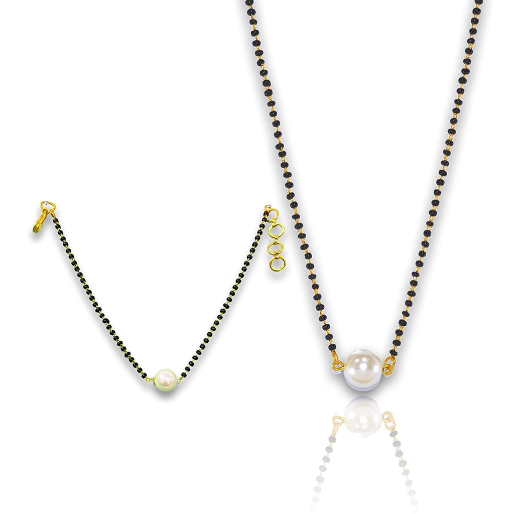 JEWELOPIA Mangalsutra & Bracelet Combo Set Gold Plated Black Beads With White Pearl  For Women Girls