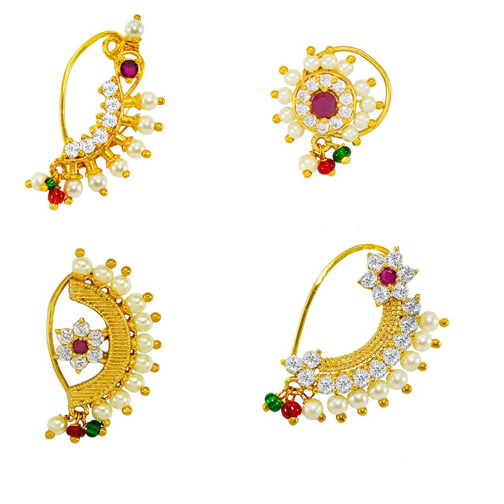 Jewelopia Marathi Clip On Nose ring Non Piercing Gold Plated Pearl Maharashtrian Nath For Women & Girls