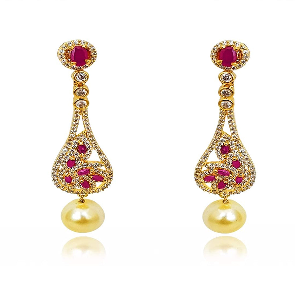 American Diamond Ruby Studded Pearl Drop Gold Plated Earrings For Women and girls