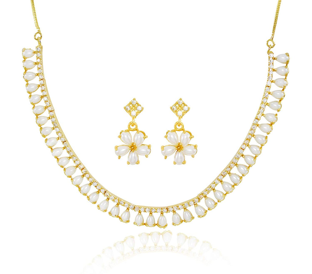 JEWELOPIA American Diamond CZ White Mother of Pearl Necklace Set for Women & Girls