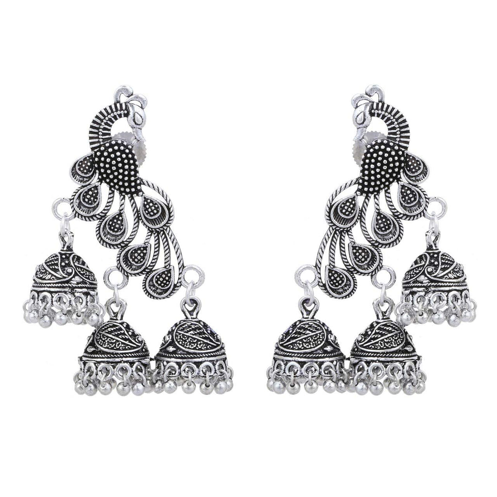 JEWELOPIA Peacock Design German Silver Earrings Oxidised Silver Plated Jhumka Jhumki Earrings For Girls Women