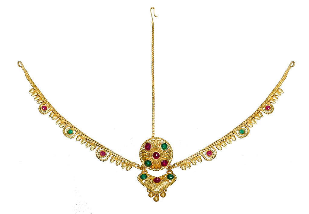 JEWELOPIA Mathapatti Elegant Traditional Gold Plated Ruby emerald studded Maang Tikka Forehead Jewelry For Women Girls
