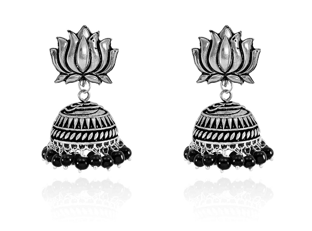 JEWELOPIA Oxidised Silver Lotus Inspired Jhumki Pearl Drop Earrings For Women & Girls