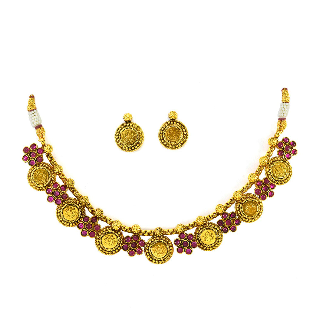 JEWELOPIA Traditional Gold Plated Ruby Temple Jewellery Necklace Set for Women