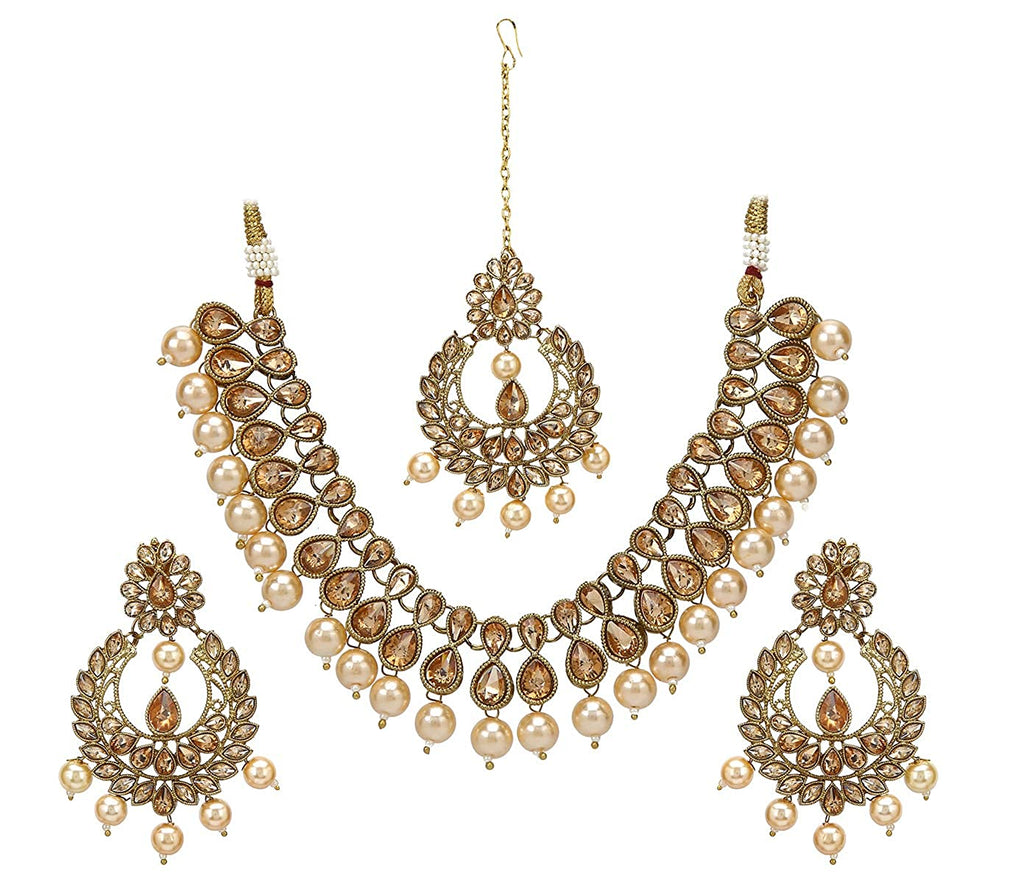 JEWELOPIA Traditional South Polki With White Pearl Necklace Set Gold Plated Set For Women & girls