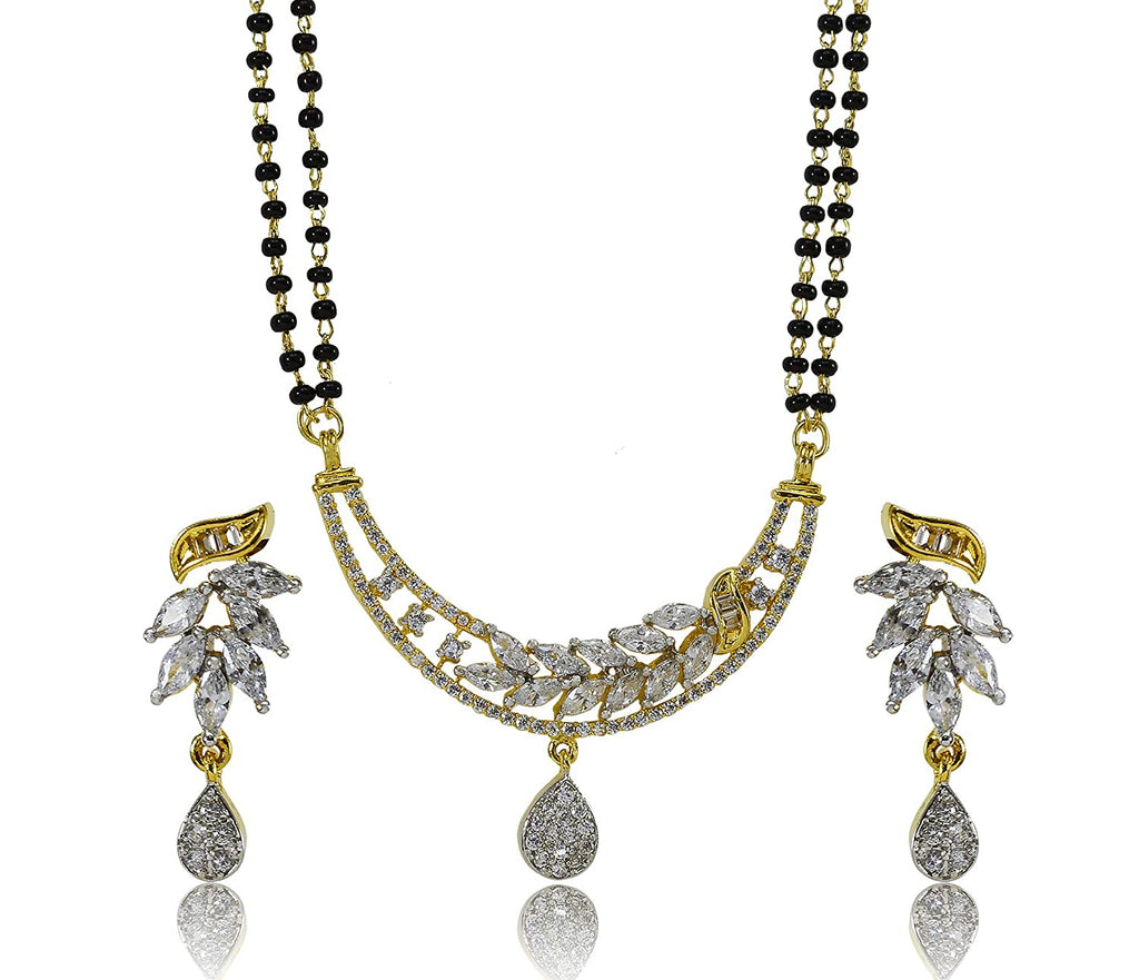 JEWELOPIA American Diamond CZ With Black Bead Chain Mangalsutra Pendent Set For Women & Girls