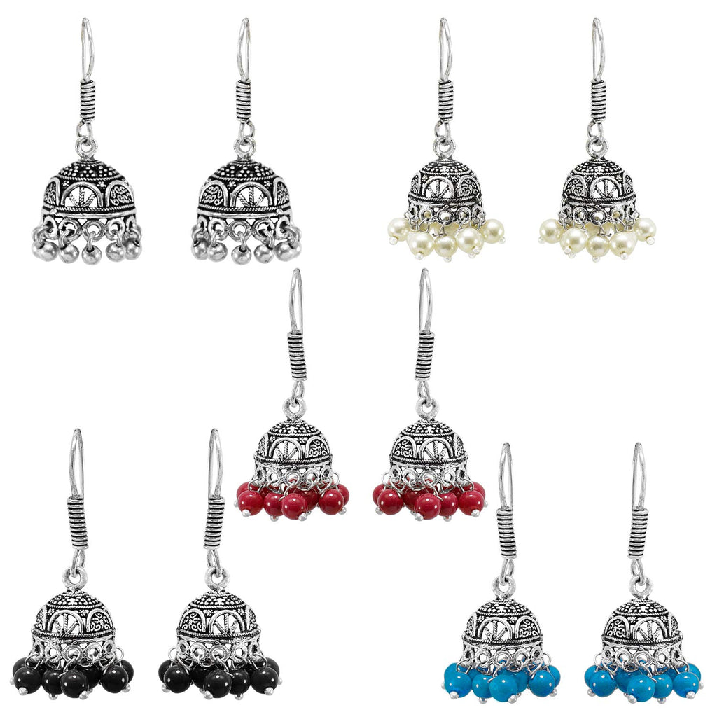 JEWELOPIA Oxidised German Jhumki Pearl Drop Earrings For Women & Girls Combo of 5