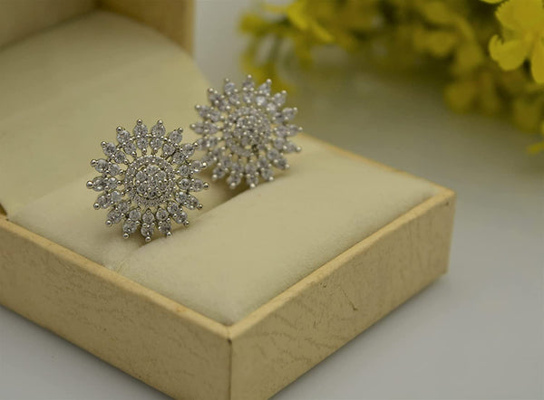 American Diamond Sparkling CZ Flower Solitaire Crystal Stud Earrings For Women & Girls