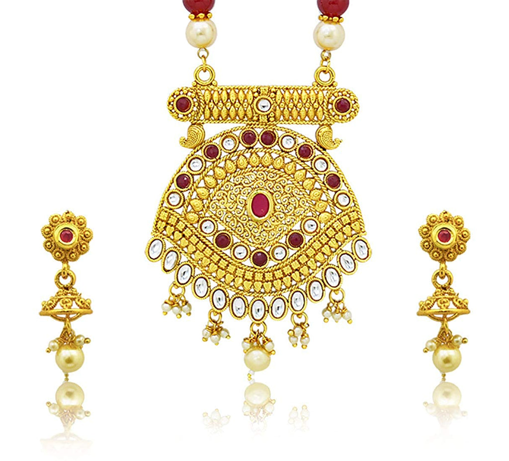 JEWELOPIA Traditional Ruby Kundan Gold Plated Pendant Jewellery Set for Women & Girls