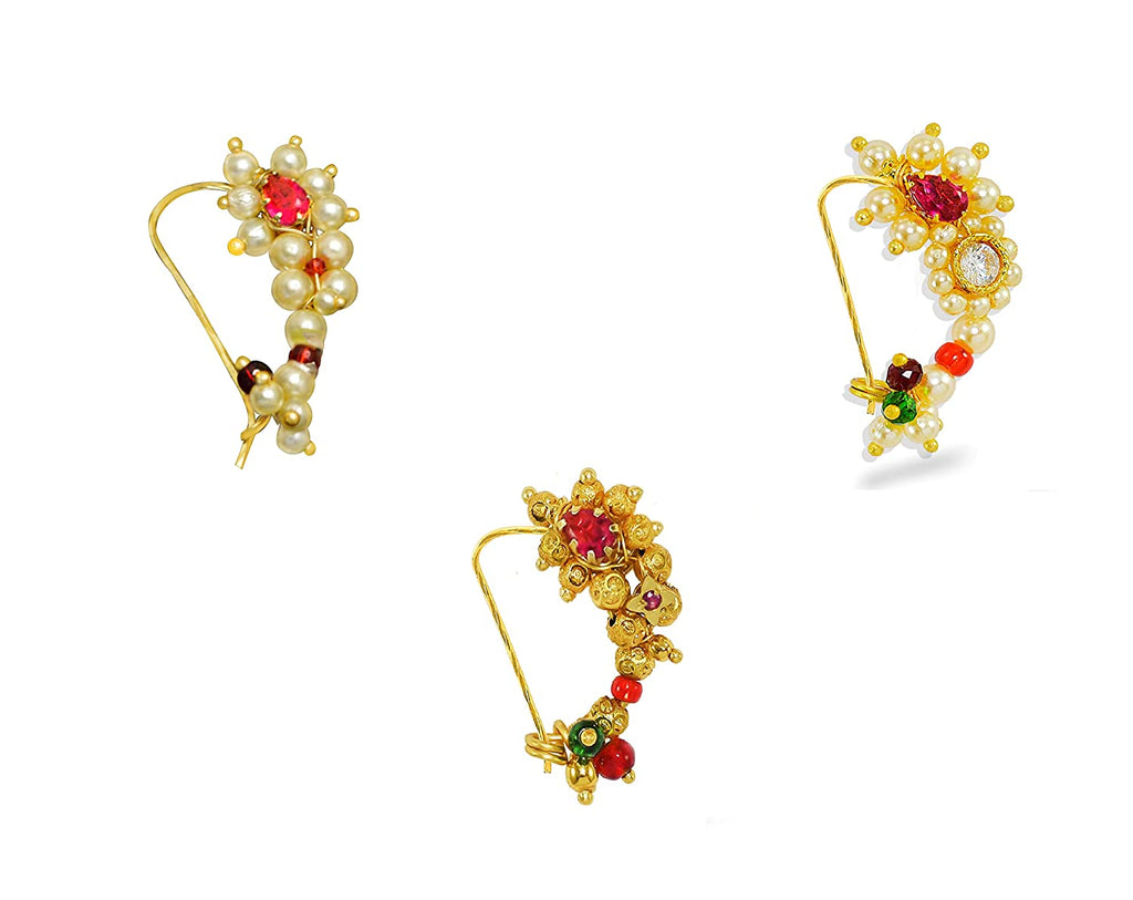 Traditional Piercing Nath Combo Gold plated Ruby studded Maharashtrian piercing Nose Ring For Women and girls