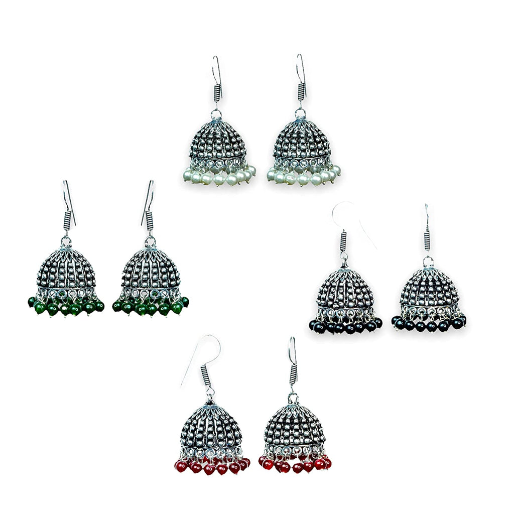 Jewelopia Oxidised Silver Jhumki Earrings German Pearl Drop Boho Jhumki Earrings For Women & Girls (COMBO OF 4)