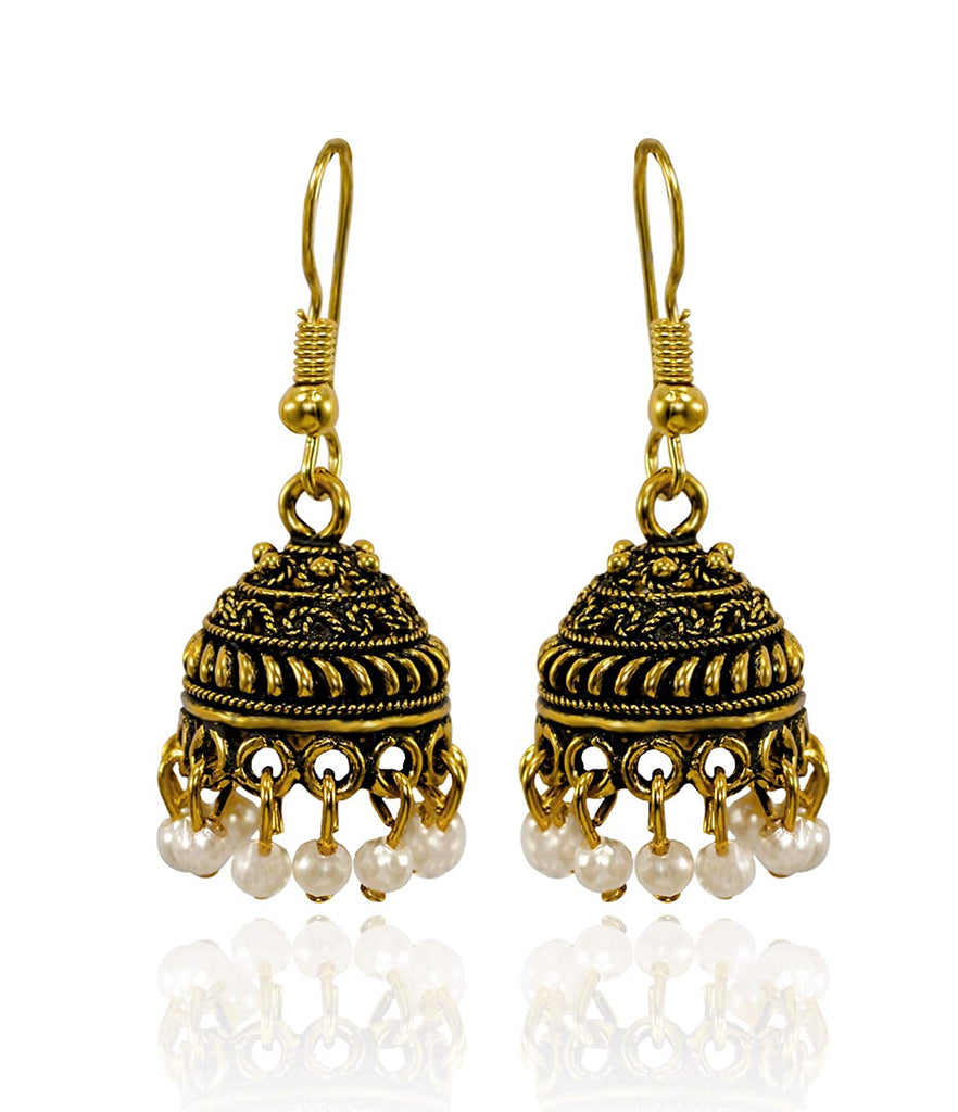 JEWELOPIA Oxidised German Gold Jhumki White Pearl Drop Dangle Earrings For Women & Girls