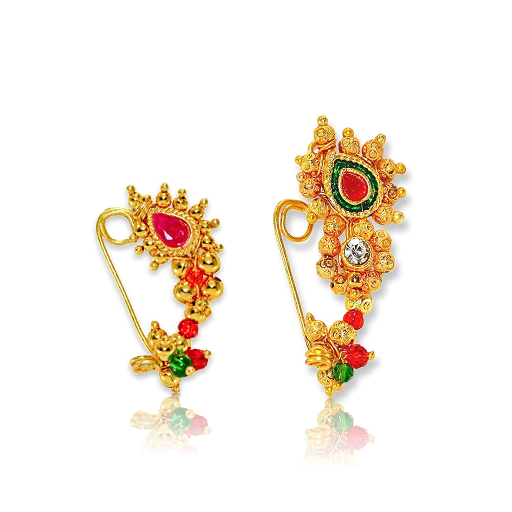 Maharashtrian Nath Clip-On Gold with ruby diamond Marathi Nathiya without piercing Nose Ring For Women and girls