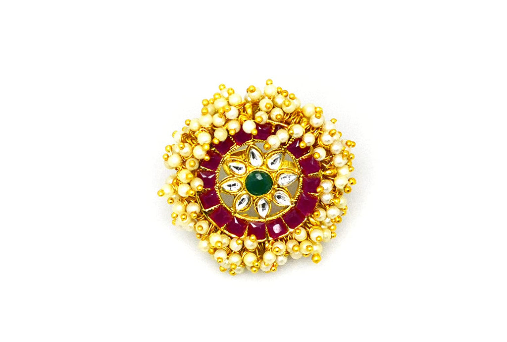 Traditional Kundan Pearl Finger Ring Jewelry for Women & Girls (Ruby+Emerald)